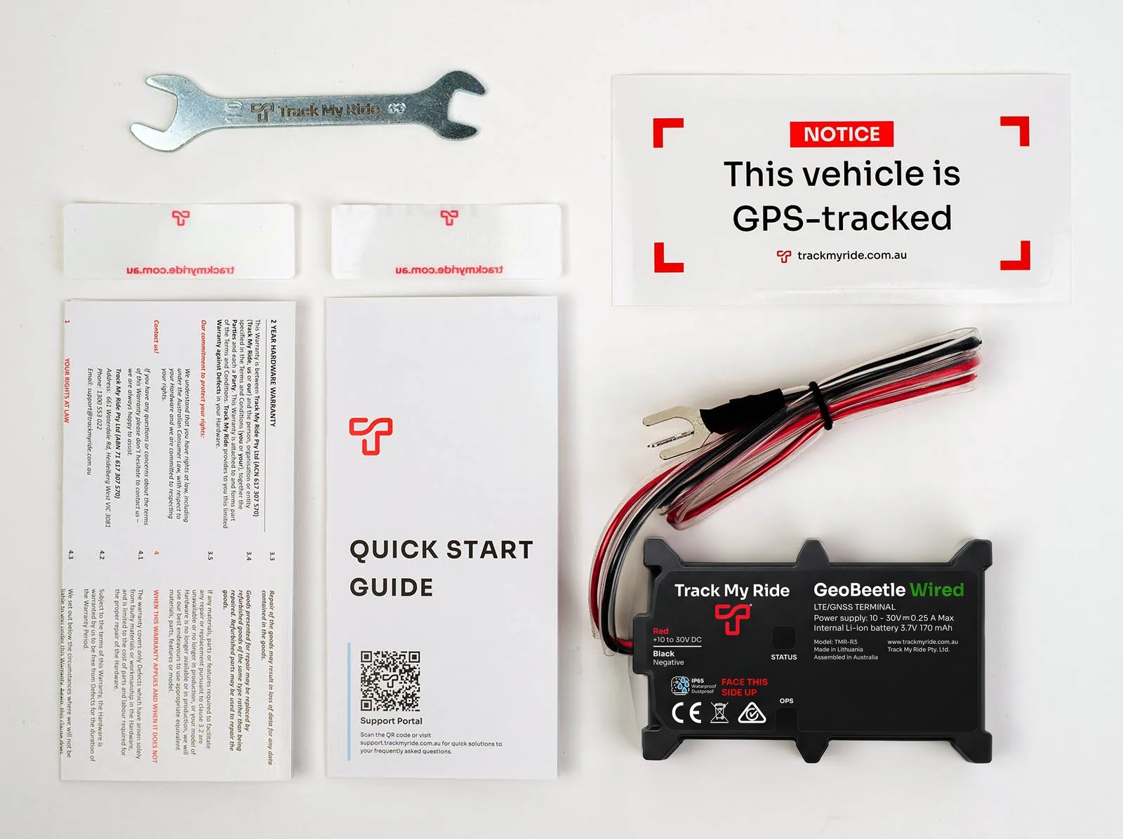 Box contents: GeoBeetle tracker, power cables, spanner, quick start guide and security stickers